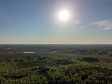 Drone görüntü. alanları ve bulutlu bahar günü ormanlarda kırsal alan hava görünümünü. Letonya
