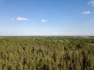 Drone görüntü. alanları ve bulutlu bahar günü ormanlarda kırsal alan hava görünümünü. Letonya