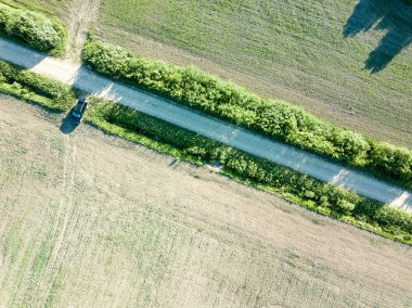 drone görüntü. havadan görünümü kırsal karayolu ağı, ekili alanlar ve orman dokular. Letonya