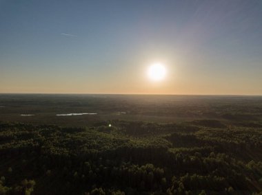drone görüntü. Orman ağaçları ile uzun gölgeler içinde kırsal günbatımı hava görünümünü. Letonya