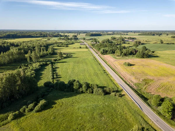 Drone Image Asphalt Road Surrounded Pine Forest Fields Latvia — Stock Photo, Image