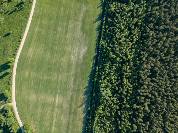 Drone image. aerial view of countryside road network, cultivated fields and forest textures. latvia