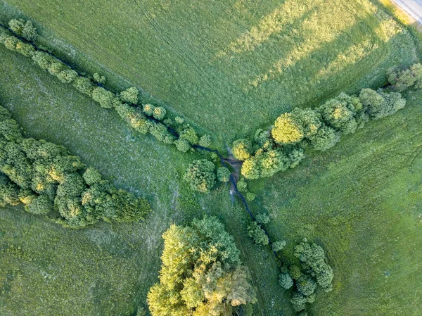 Drone Image Aerial View Rural Area Fields Forests Cloudy Spring — Stock Photo, Image