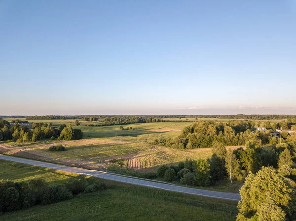 Изображение Дрона Асфальтовая Дорога Окружении Соснового Леса Полей Сверху Латвии — стоковое фото