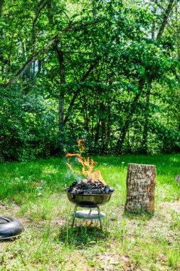 Barbekü kömür ızgarada ateş. Weber türü yemek ızgara küçük ucuz Barbekü ızgara evde. Aile mangal - Barbekü piknik