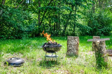 Barbekü kömür ızgarada ateş. Weber türü yemek ızgara küçük ucuz Barbekü ızgara evde. Aile mangal - Barbekü piknik