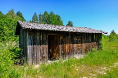 Eski ahşap Letonya kırsal kesimde yaz yeşillik ile binanın terk edilmiş kalıntıları