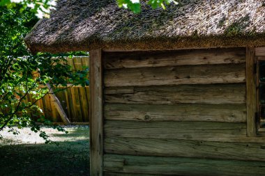 Eski ahşap Letonya kırsal kesimde yaz yeşillik ile binanın terk edilmiş kalıntıları