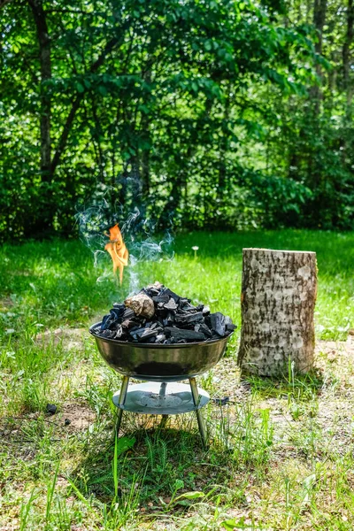 Fire on barbecue charcoal grill. Grilling food on a weber type small cheap BBQ grill at home. Family backyard barbecue - BBQ picnic