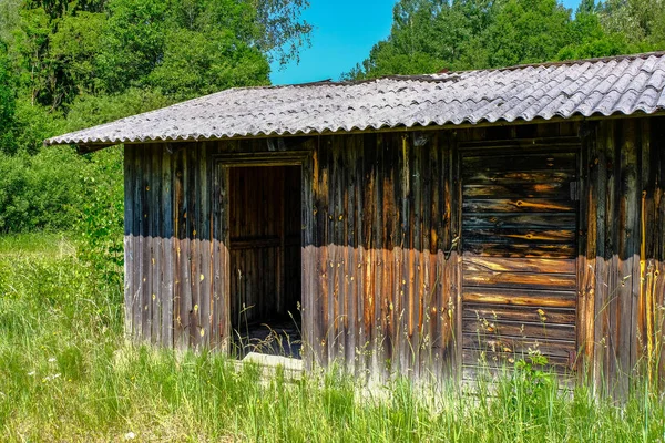 Verlassene Ruinen Alter Holzhäuser Der Landschaft Lettlands Sommer Mit Laub — Stockfoto