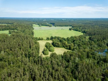 Drone görüntü. alanları ve bulutlu bahar günü ormanlarda kırsal alan hava görünümünü. Letonya