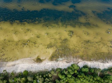 İHA görüntüsü. Baltık deniz kıyısında karada kayalar ve ormanlar olan hava manzarası. Letonya plajı