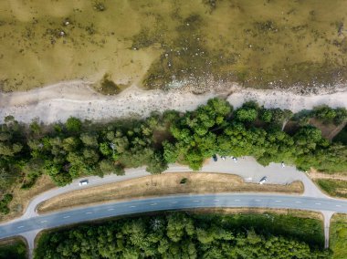 drone görüntü. kayalar ve orman toprak ve su yakınında otoyol Baltık Denizi sahilinin havadan görünümü. Letonya beach