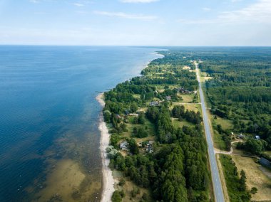 drone görüntü. kayalar ve orman toprak ve su yakınında otoyol Baltık Denizi sahilinin havadan görünümü. Letonya beach