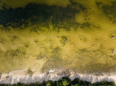 İHA görüntüsü. Baltık deniz kıyısında karada kayalar ve ormanlar olan hava manzarası. Letonya plajı