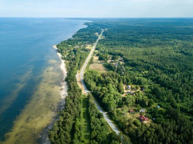 drone görüntü. kayalar ve orman toprak ve su yakınında otoyol Baltık Denizi sahilinin havadan görünümü. Letonya beach
