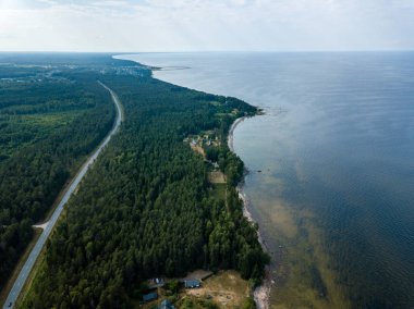 drone görüntü. kayalar ve orman toprak ve su yakınında otoyol Baltık Denizi sahilinin havadan görünümü. Letonya beach