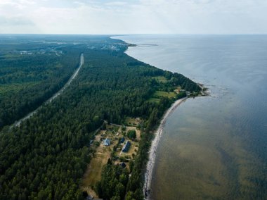 drone görüntü. kayalar ve orman toprak ve su yakınında otoyol Baltık Denizi sahilinin havadan görünümü. Letonya beach
