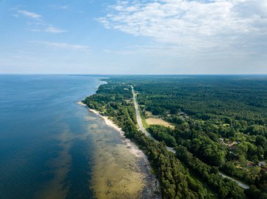 drone görüntü. kayalar ve orman toprak ve su yakınında otoyol Baltık Denizi sahilinin havadan görünümü. Letonya beach