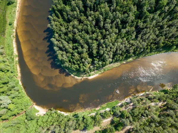 drone image. aerial view of snake river in deep green forests. Gauja in Latvia