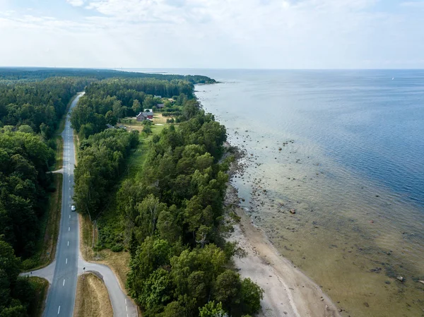drone görüntü. kayalar ve orman toprak ve su yakınında otoyol Baltık Denizi sahilinin havadan görünümü. Letonya beach