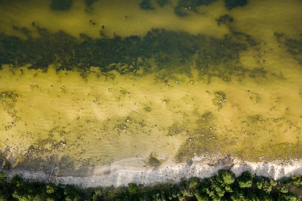 İHA görüntüsü. Baltık deniz kıyısında karada kayalar ve ormanlar olan hava manzarası. Letonya plajı