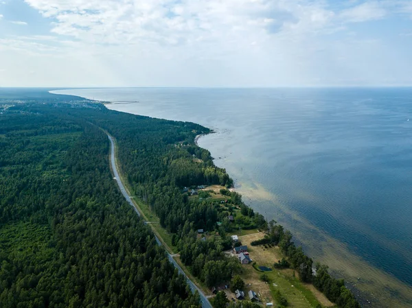 drone görüntü. kayalar ve orman toprak ve su yakınında otoyol Baltık Denizi sahilinin havadan görünümü. Letonya beach