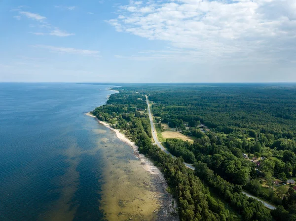 drone görüntü. kayalar ve orman toprak ve su yakınında otoyol Baltık Denizi sahilinin havadan görünümü. Letonya beach