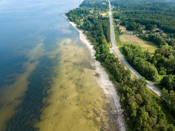 drone görüntü. kayalar ve orman toprak ve su yakınında otoyol Baltık Denizi sahilinin havadan görünümü. Letonya beach