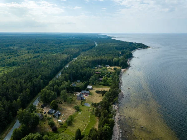 drone görüntü. kayalar ve orman toprak ve su yakınında otoyol Baltık Denizi sahilinin havadan görünümü. Letonya beach