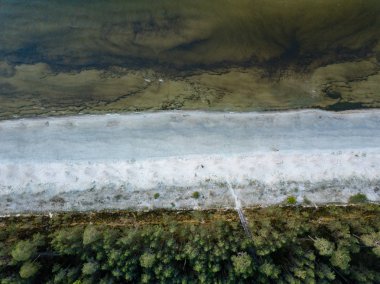 drone görüntü. deniz Beach havadan görünümü kırmızı günbatımı. sahil hattı. Baltık Denizi, toz