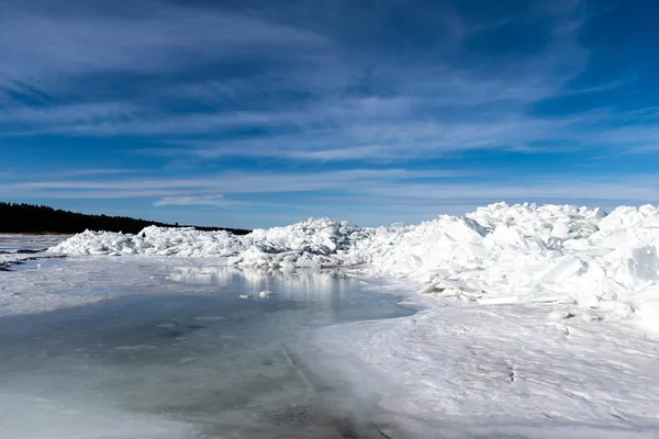 Lacul Înghețat Acoperit Teanc Flori Gheață Cer Albastru Latvia Iarna — Fotografie, imagine de stoc