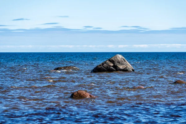 Plage Rocheuse Dans Mer Baltique Avec Des Arbres Des Toits — Photo