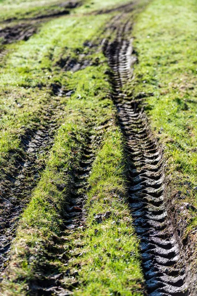 Traktorreifen Spuren Grünen Gras Schlamm Frühling — Stockfoto