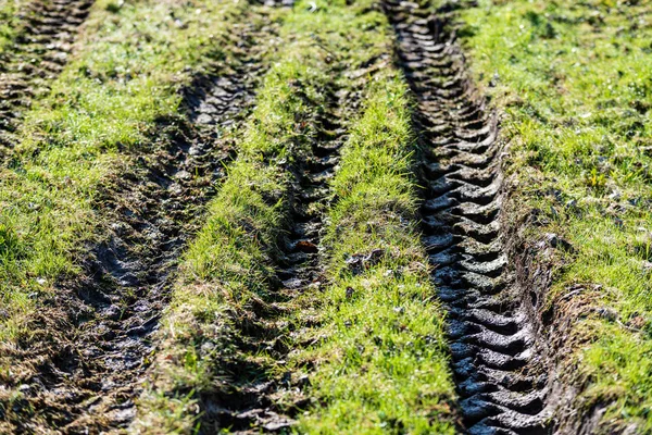 Tracteur Traces Pneus Dans Herbe Verte Boue Printemps — Photo