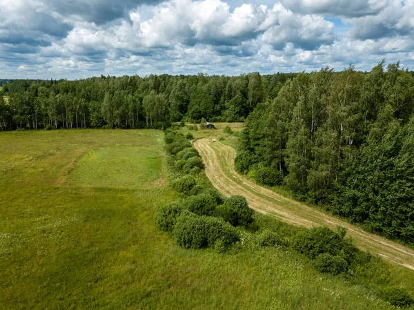 Drone görüntü. alanları ve bulutlu bahar günü ormanlarda kırsal alan hava görünümünü. Letonya