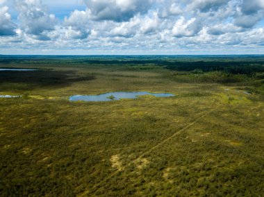 drone görüntü. havadan görünümü ve yaz günü bulutlarda şiddetli yağmur altında yollar ile kırsal alan. Letonya