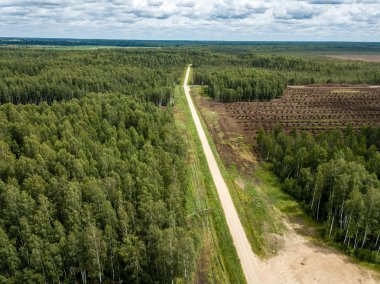 drone görüntü. alanlar ve karayolu ağı ile kırsal alan hava görünümünü. Letonya