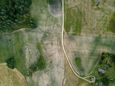 Drone görüntü. alanları ve bulutlu bahar günü ormanlarda kırsal alan hava görünümünü. Letonya