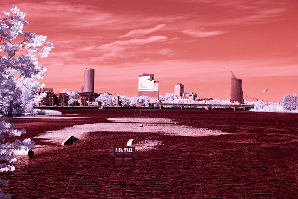 infrared image of river Daugava in RIga with city buildings