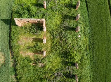 drone görüntü. yeşil ekili alanları ve yaz gün ortasında eski terk edilmiş binada harap kırsal alan hava görünümünü. Letonya, Sigulda Belediyesi