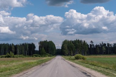 Yaz aylarında köy çakıl yol kırsal etrafında ağaçlar ve bulutlar gökyüzünde