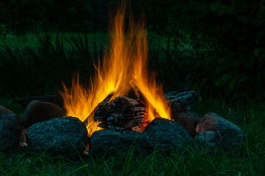 Woods şömine, sıcak, ısı yanıyor, karanlıkta ateş. uzun pozlama görüntü hareket ile bulanıklık. Yaz aylarında doğada kamp