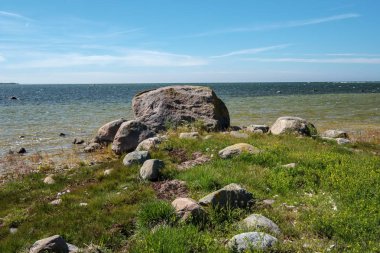 kayalık deniz plaj denize güneşli gökyüzü ve dalgalar ile geniş açı bakış açısı ile