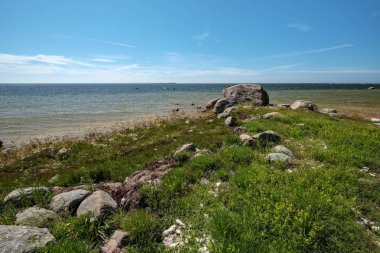 kayalık deniz plaj denize güneşli gökyüzü ve dalgalar ile geniş açı bakış açısı ile