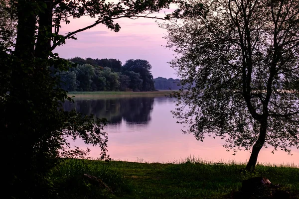 Färgsprakande Solnedgång Vid Sjön Med Träd Siluetter Och Röd Himmel — Stockfoto