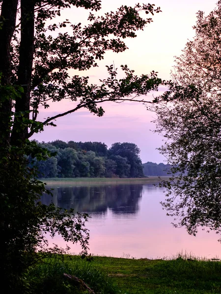 Färgsprakande Solnedgång Vid Sjön Med Träd Siluetter Och Röd Himmel — Stockfoto
