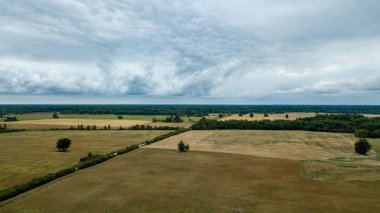 drone görüntü. kırsal alan alanları ve ormanlar dramatik fırtına bulutları oluşturan altında hava görünümünü. yaz günü Letonya