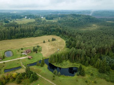 drone görüntü. kırsal alan alanları ve ormanlar dramatik fırtına bulutları oluşturan altında hava görünümünü. yaz günü Letonya