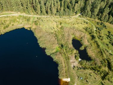 drone görüntü. kırsal çakıl yol yeşil orman ve ağaçları ile yukarıdan gölgelerde güneşli yaz günü hava görünümünü. Letonya